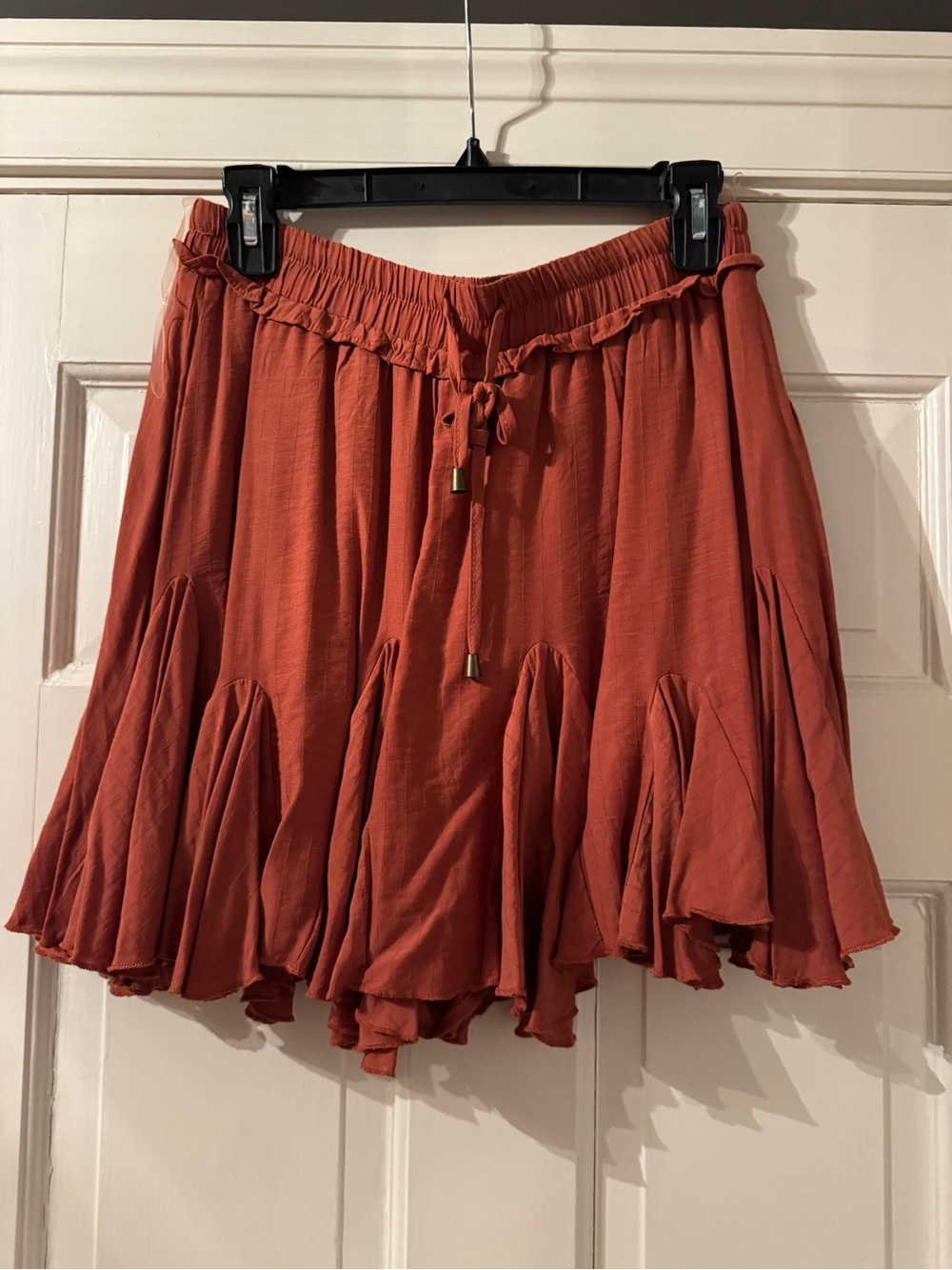 Flowy Rust Tiered Mini Skirt with Drawstring Waist